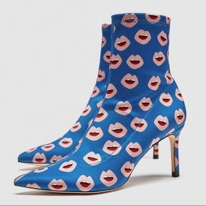 Zara Lips Print Sock Stiletto Heeled Poity Booties